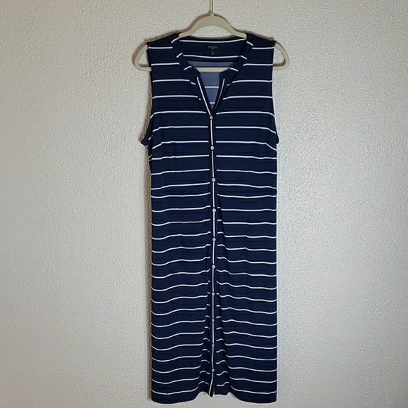 Talbots Navy Blue White Striped Sleeveless Maxi Dress V-neck Button Down Sz XLp - Picture 3 of 14